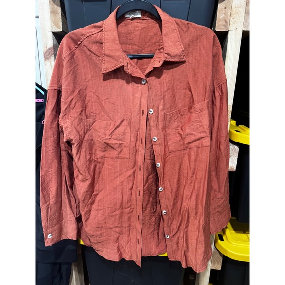 LA MIEL Tops - La Miel Rust Orange Textured Long Sleeve Button Down Shirt Women Small Oversized